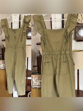 Newbury Kustom Jumpsuit Size Small Square Neck Ruffle Shoulder Denim Green